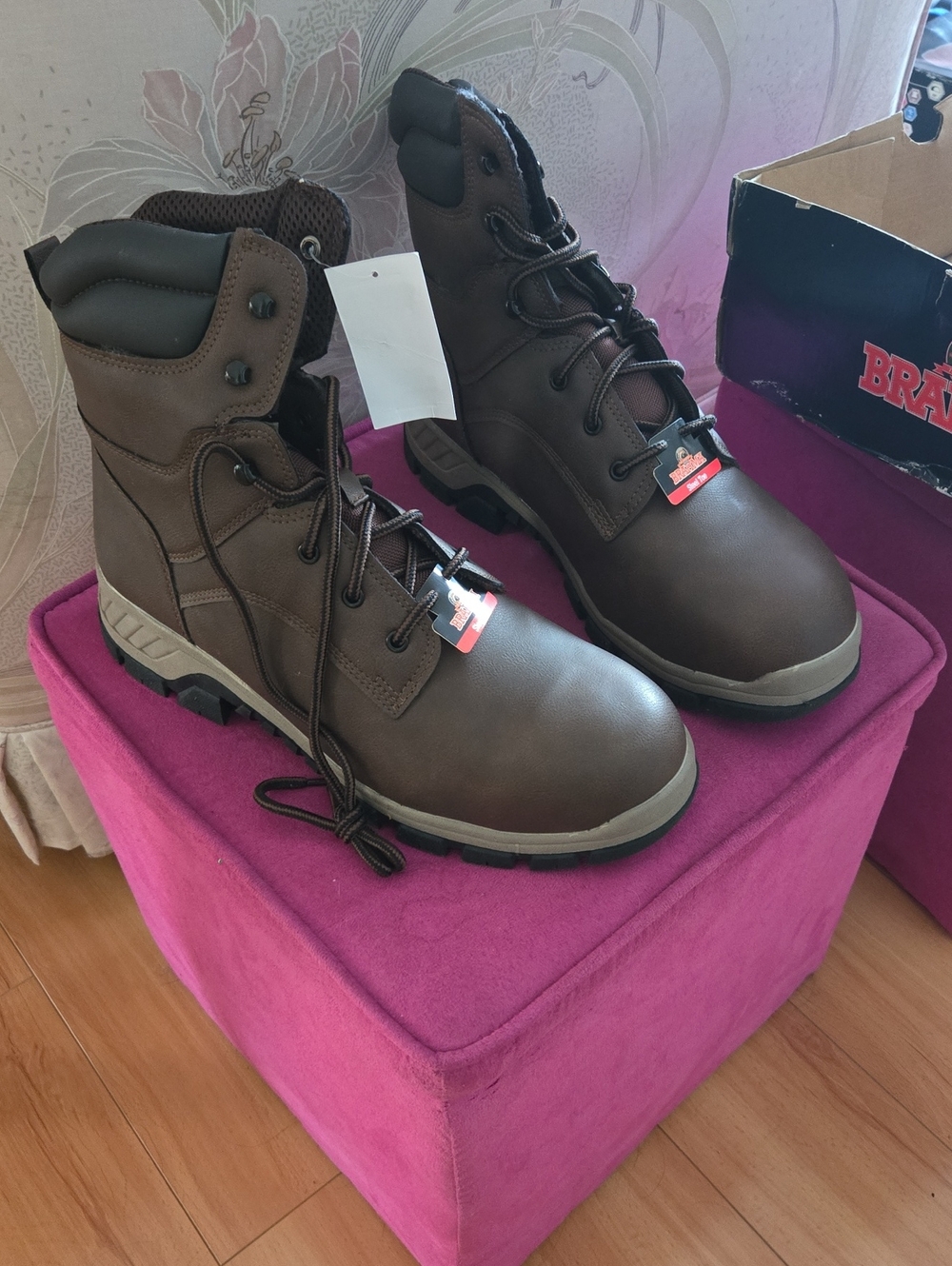New Brahma Brown Lace-Up Work Boots with Black Collar Steel Toe 13